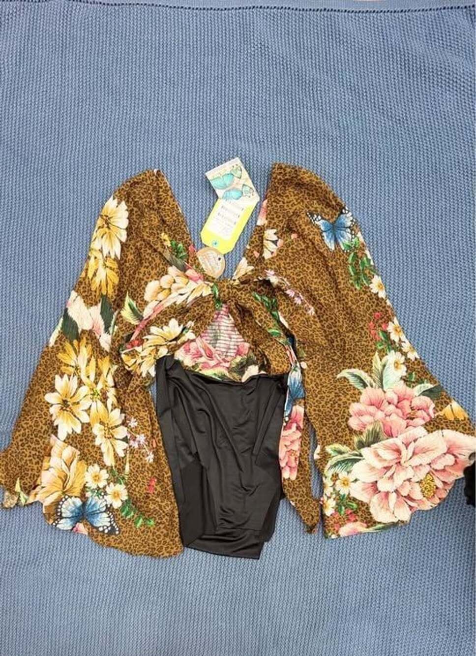 Farm Rio Floral Leopard Print Bell Sleeve Bodysuit